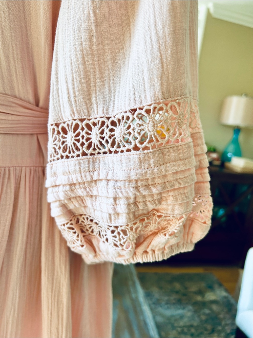 Caslon Pink Cotton Gauze Maxi Dress Puff Sleeve Crochet Lace Pintuck XL NWT - Picture 13 of 16